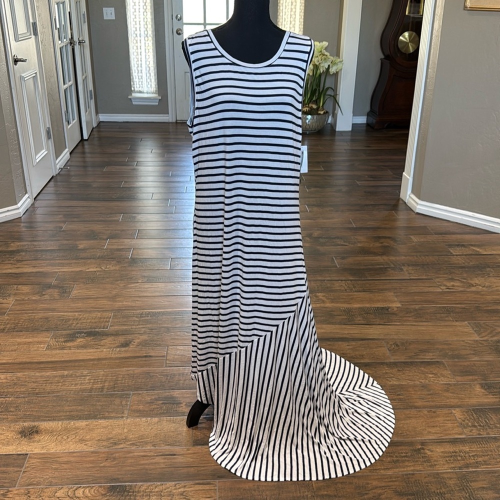 NY&Co Striped Navy and White Asymmetrical Maxi Dress